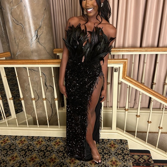 Black Feather Sequin Prom Dress - Picture 1 of 5